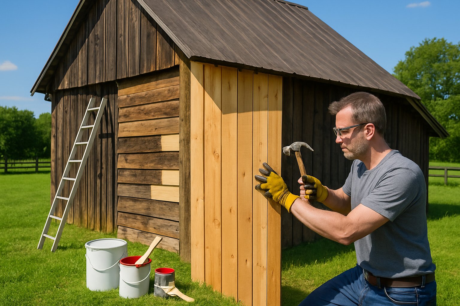 A person repairing a wooden barn by replacing planks and painting, with tools and a ladder nearby in a farmyard.
