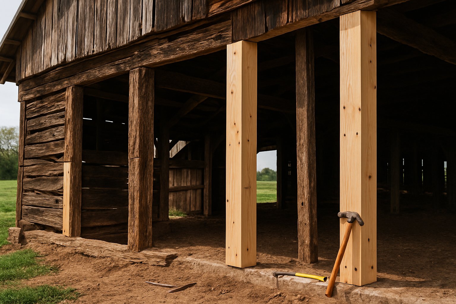 A barn with wooden columns being reinforced with new wood beams outdoors on a farm.