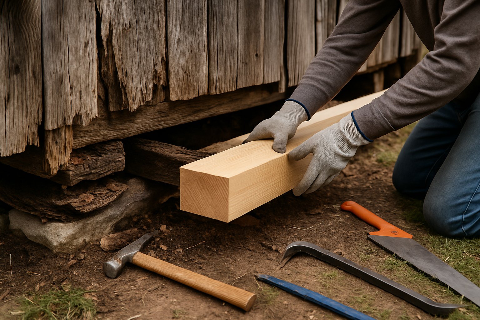 Workers replacing rotted wooden beams at the foundation of an old barn outdoors.