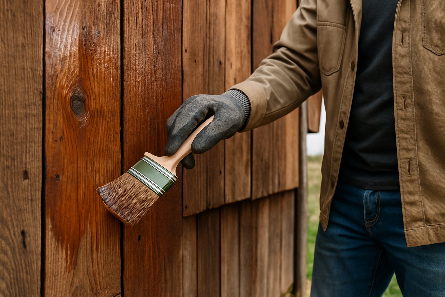 A person applying weatherproof sealant to the exterior wooden surface of a barn outdoors.