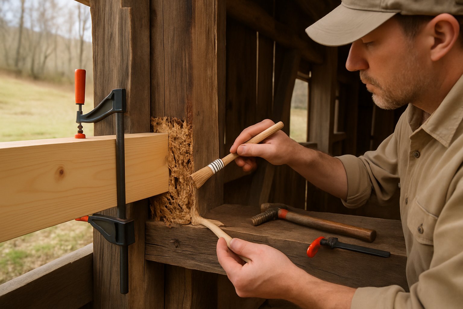 A carpenter repairing termite-damaged wood on a barn using treated lumber and epoxy consolidants outdoors.
