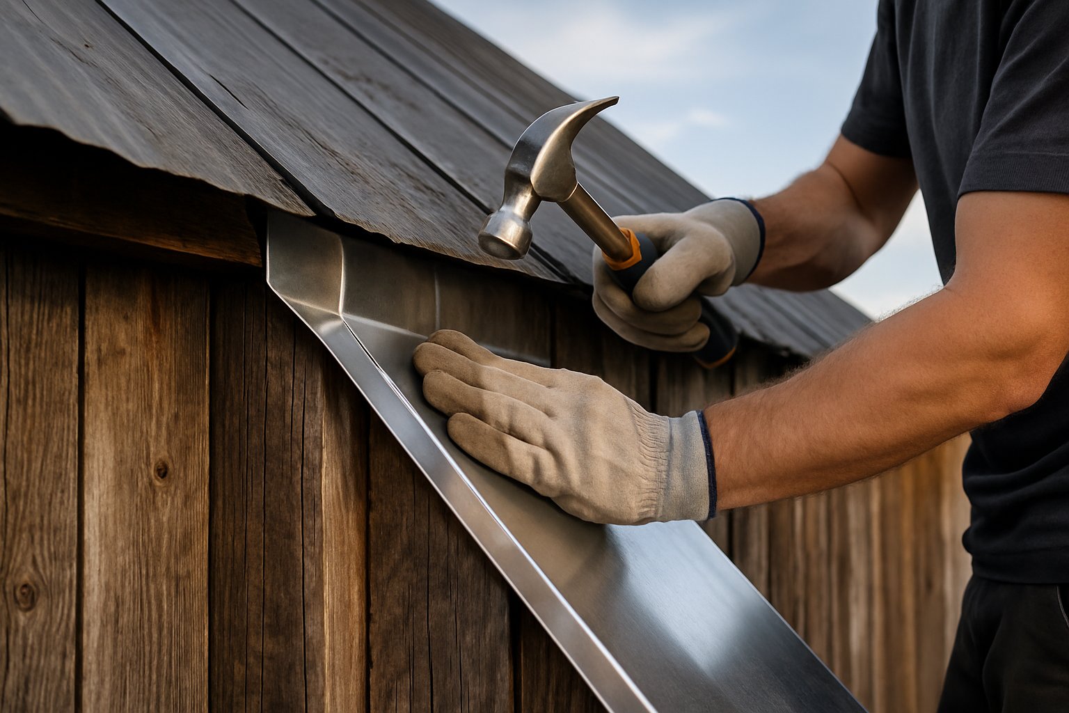 A worker installing metal flashing at the roof joint of a wooden barn to prevent water intrusion.