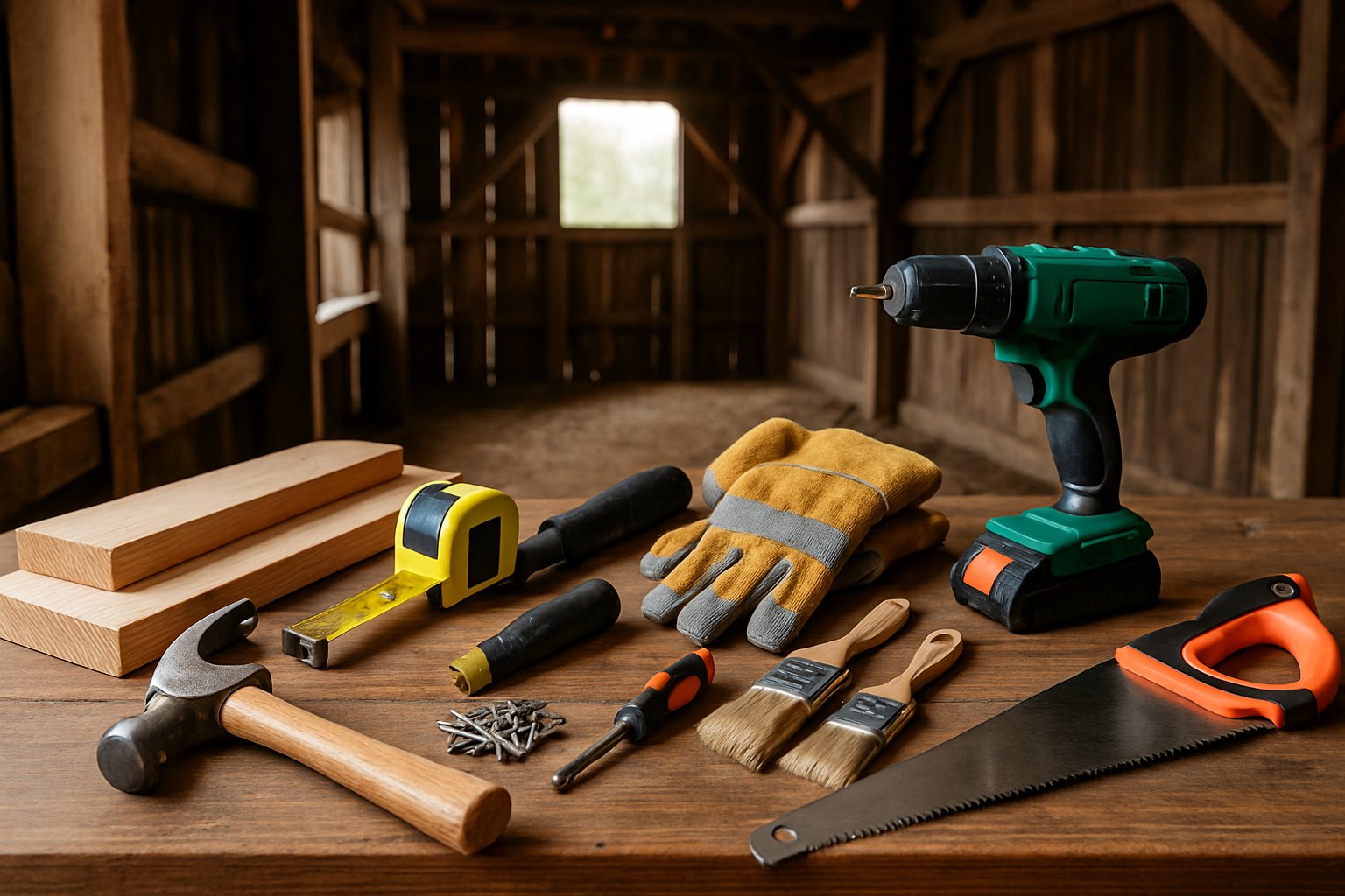 A workbench inside a barn with various tools and materials laid out for barn repair, including a hammer, drill, nails, wood planks, and gloves.