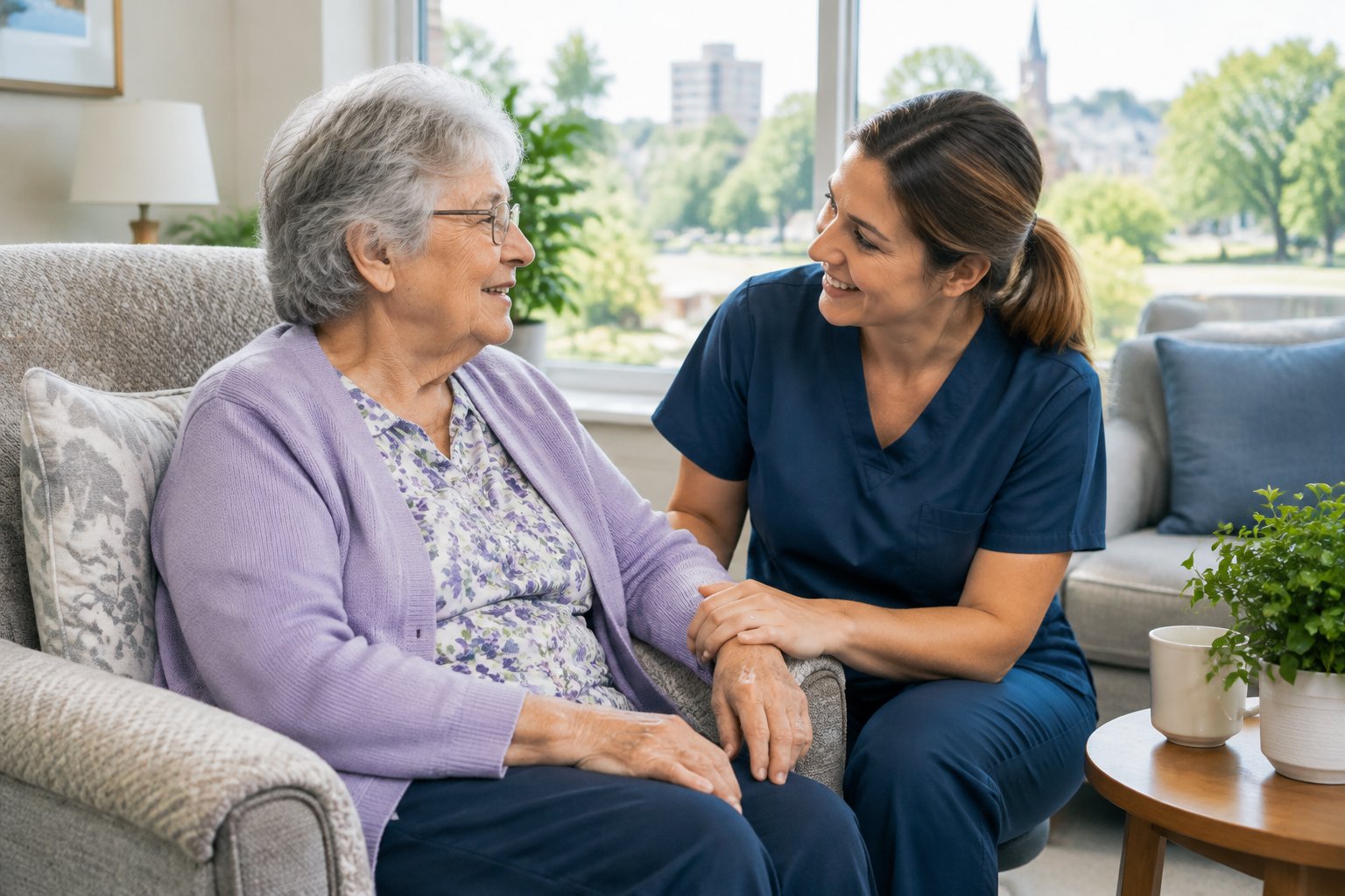 Senior woman speaking with caregiver in a comfortable home