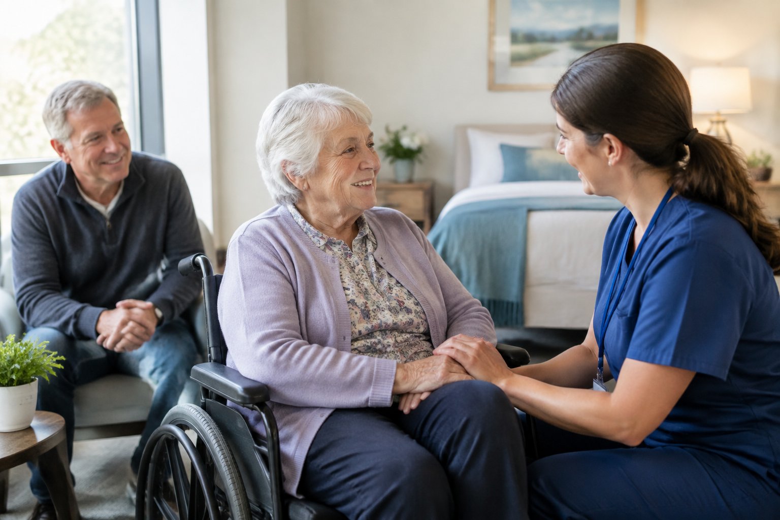 An older adult speaks with a care professional in a welcoming senior-care setting.