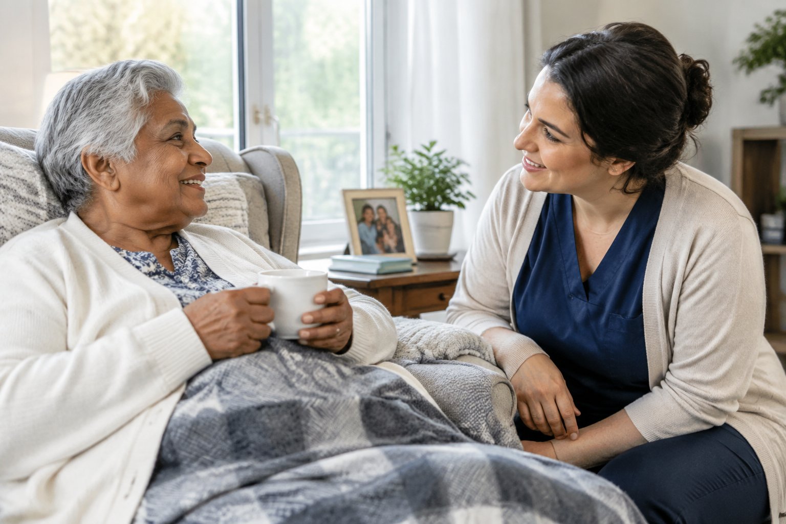 A caregiver sits with an older adult in a comfortable home.