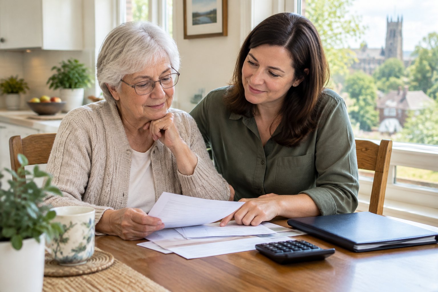 An older adult and a family member review bills and care documents at a kitchen table.