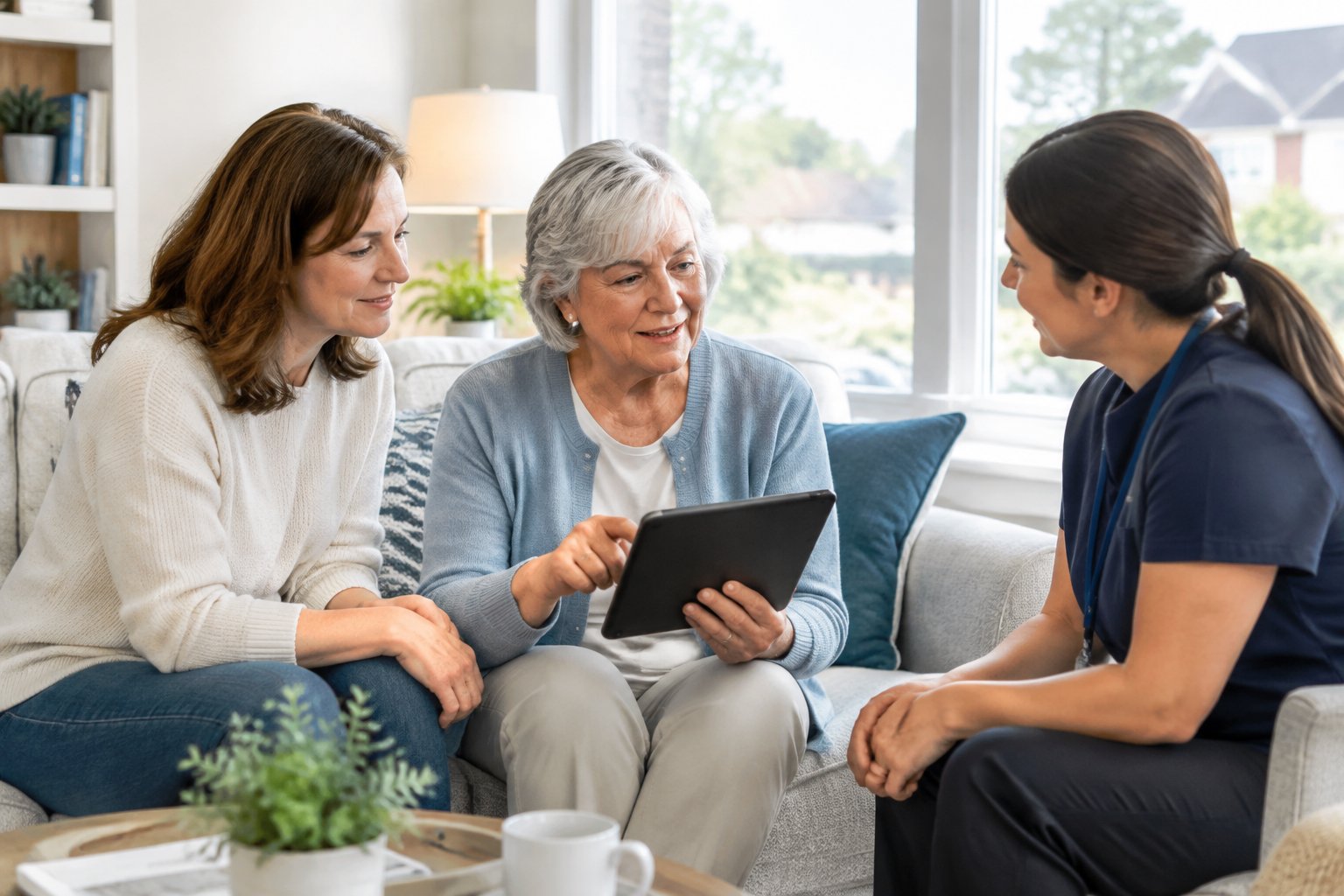 An older woman, her daughter, and a care professional discuss senior care at home.