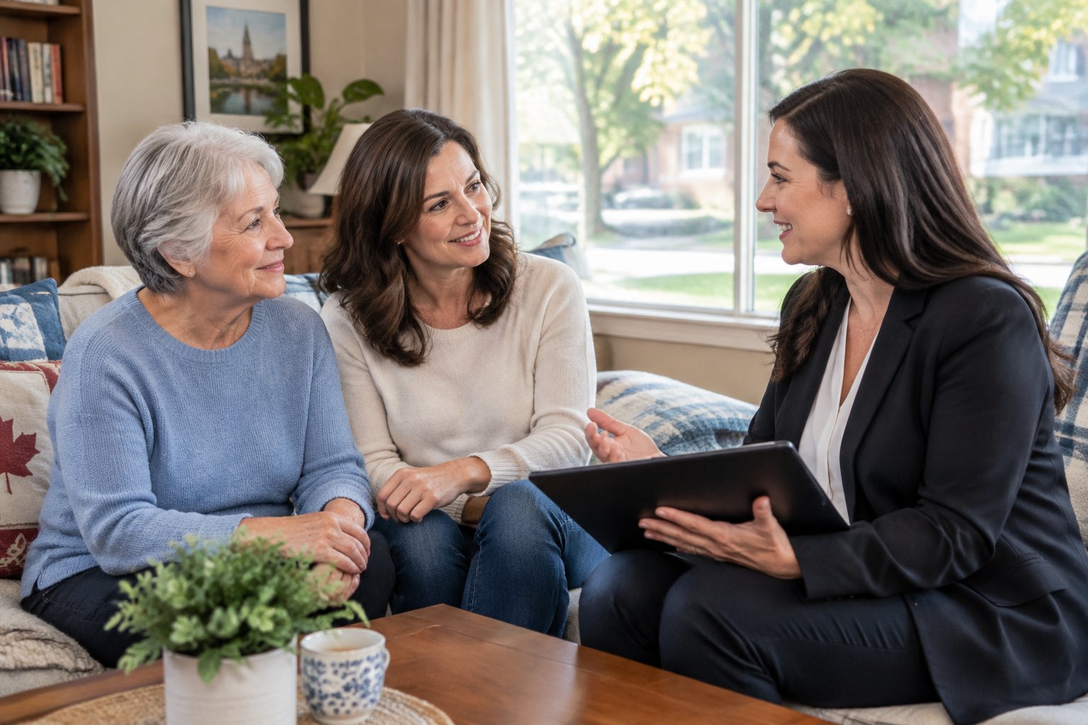 An older woman and her daughter discuss care options with a senior-care advisor at home.