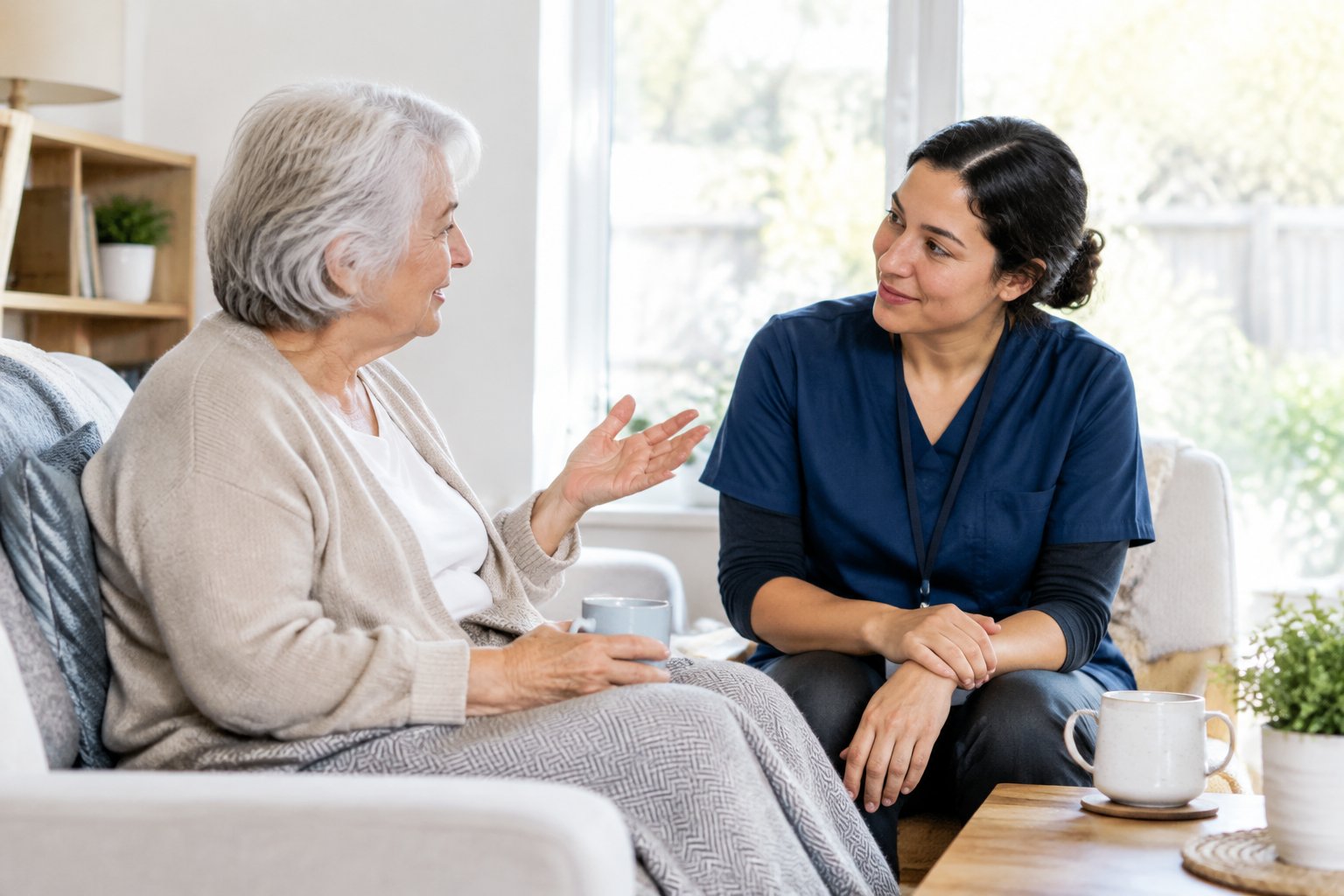 An older adult speaks with a caregiver in a comfortable home.