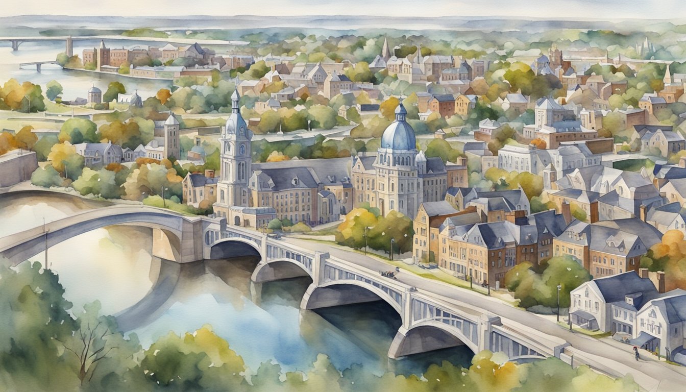 Aerial view of London, Ontario with winding Thames River, historic buildings, and diverse neighborhoods