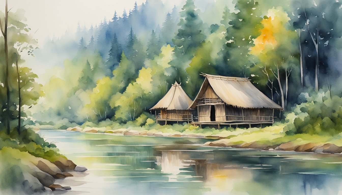 A serene river flowing through lush forests with traditional Indigenous longhouses nestled along the banks, surrounded by vibrant wildlife and a peaceful atmosphere
