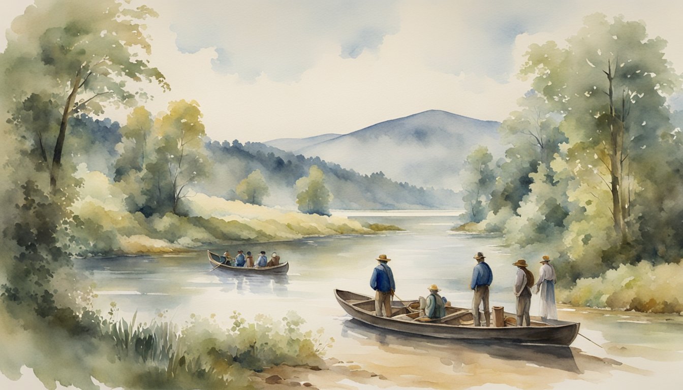 A group of settlers arriving by boat on the banks of the Thames River, with dense forest and rolling hills in the background