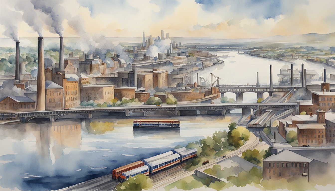 A bustling cityscape with trains, factories, and warehouses surrounded by the Thames River, depicting the transportation and industrial growth of London, Ontario