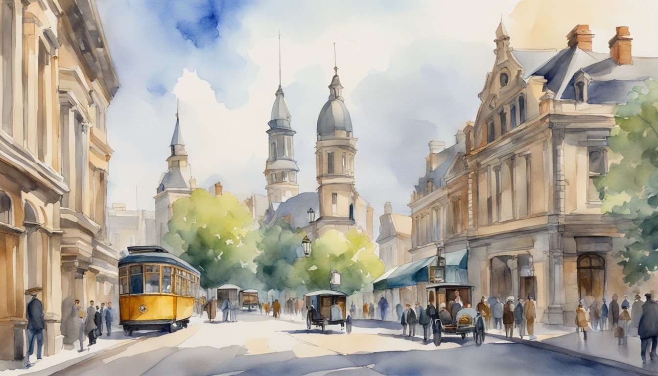 A bustling street lined with historic buildings, a mix of Victorian and modern architecture, with a prominent museum and library in the background