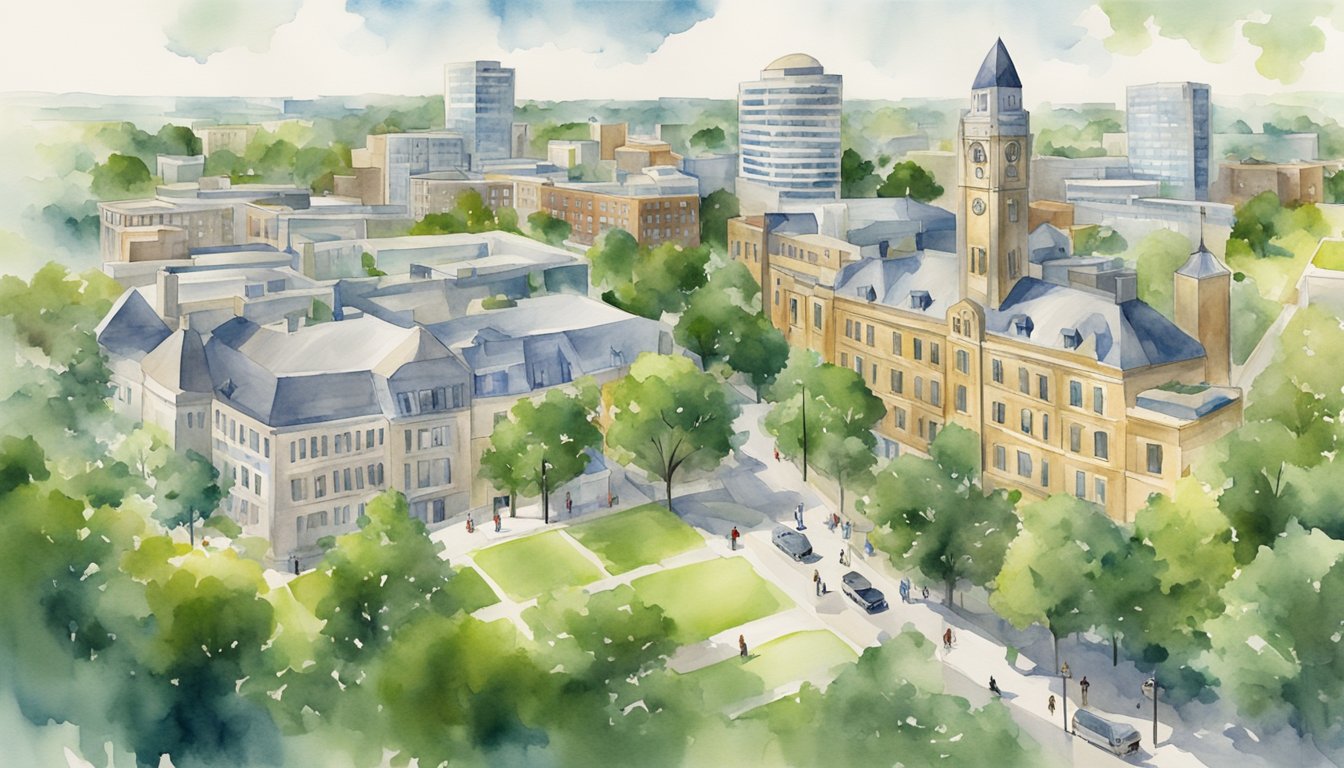 A bustling cityscape with historic buildings, modern hospitals, and lush green spaces, capturing the evolution of healthcare in London, Ontario