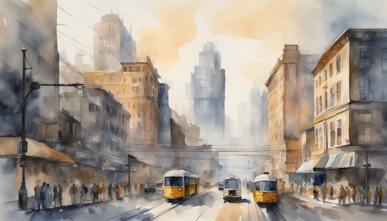 A bustling cityscape with modern buildings and infrastructure, juxtaposed against historical landmarks and remnants of industrial development