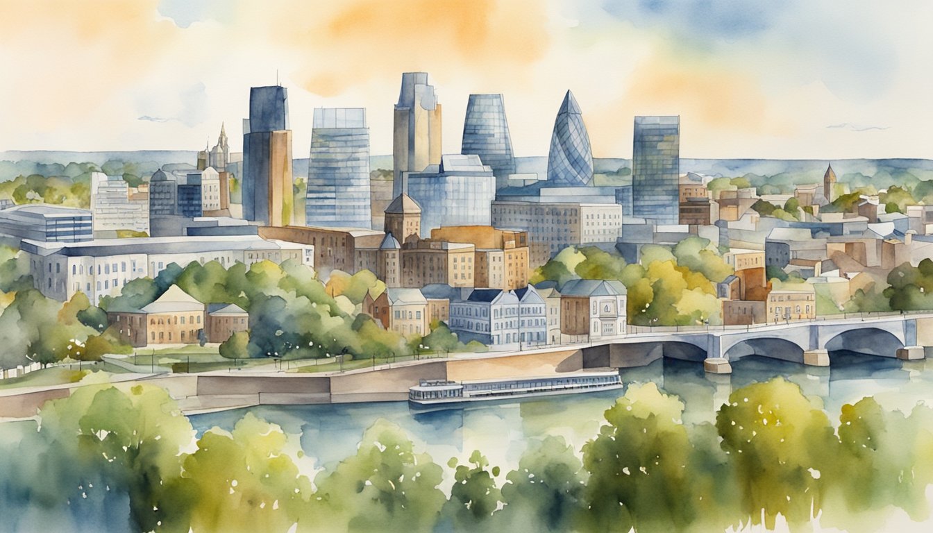 A panoramic view of London, Ontario's skyline with historic landmarks and modern buildings, showcasing the city's rich history and vibrant present
