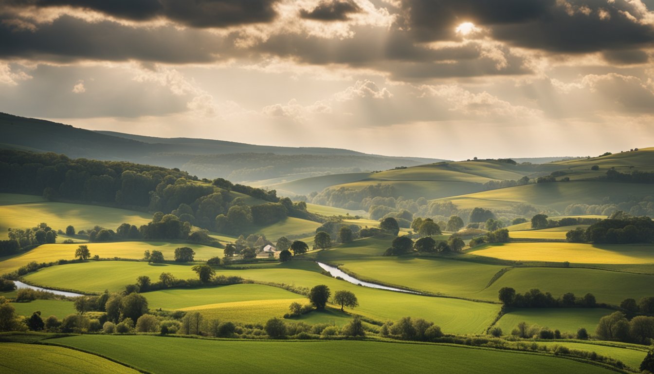 A tranquil countryside with rolling hills, a winding river, and a historic stone bridge. The landscape is dotted with old farmhouses and fields of crops
