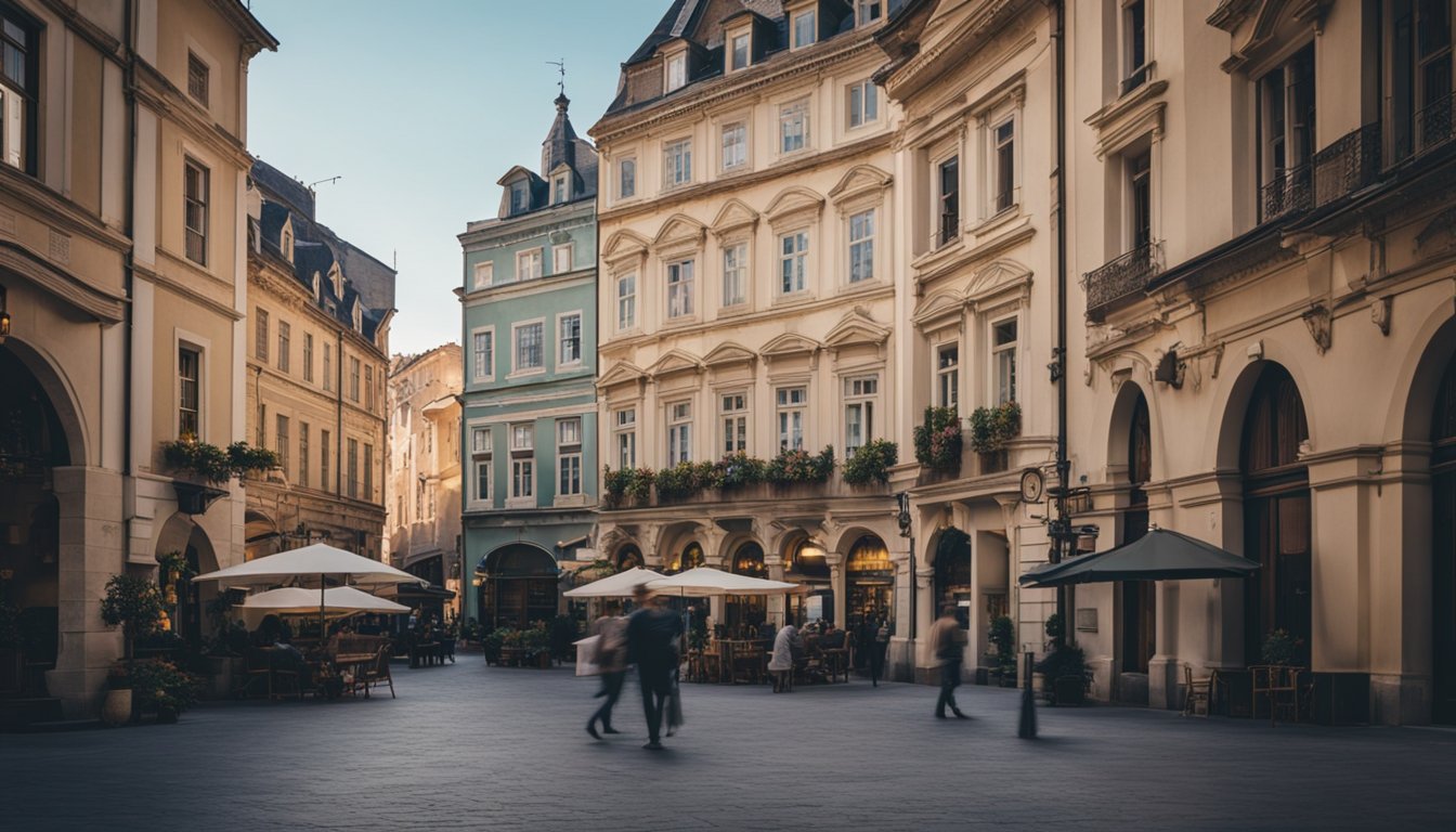 A bustling town square surrounded by historic buildings, with a mix of modern and traditional infrastructure