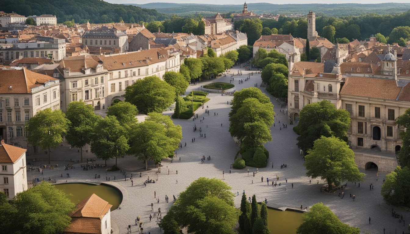 A bustling town square with a mix of historic and modern buildings, surrounded by lush green countryside and a winding river