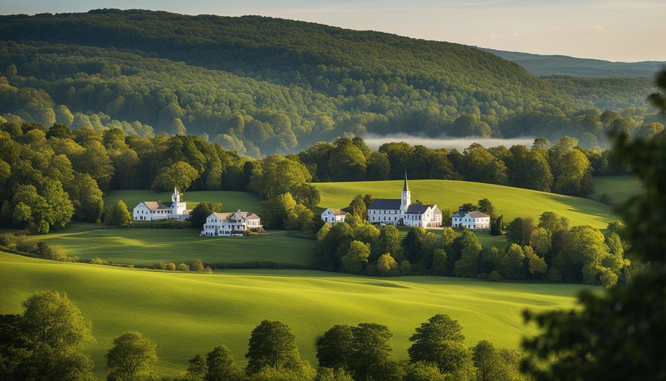 A scenic landscape of Middlesex County, with rolling hills, farms, and a historic town center surrounded by lush greenery and a peaceful atmosphere