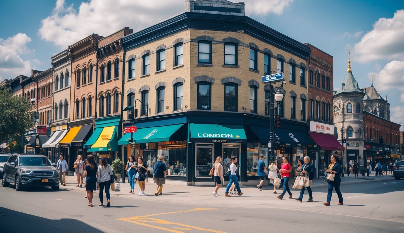 A bustling street corner in London, Ontario, with historic buildings, vibrant shops, and people strolling along the sidewalks