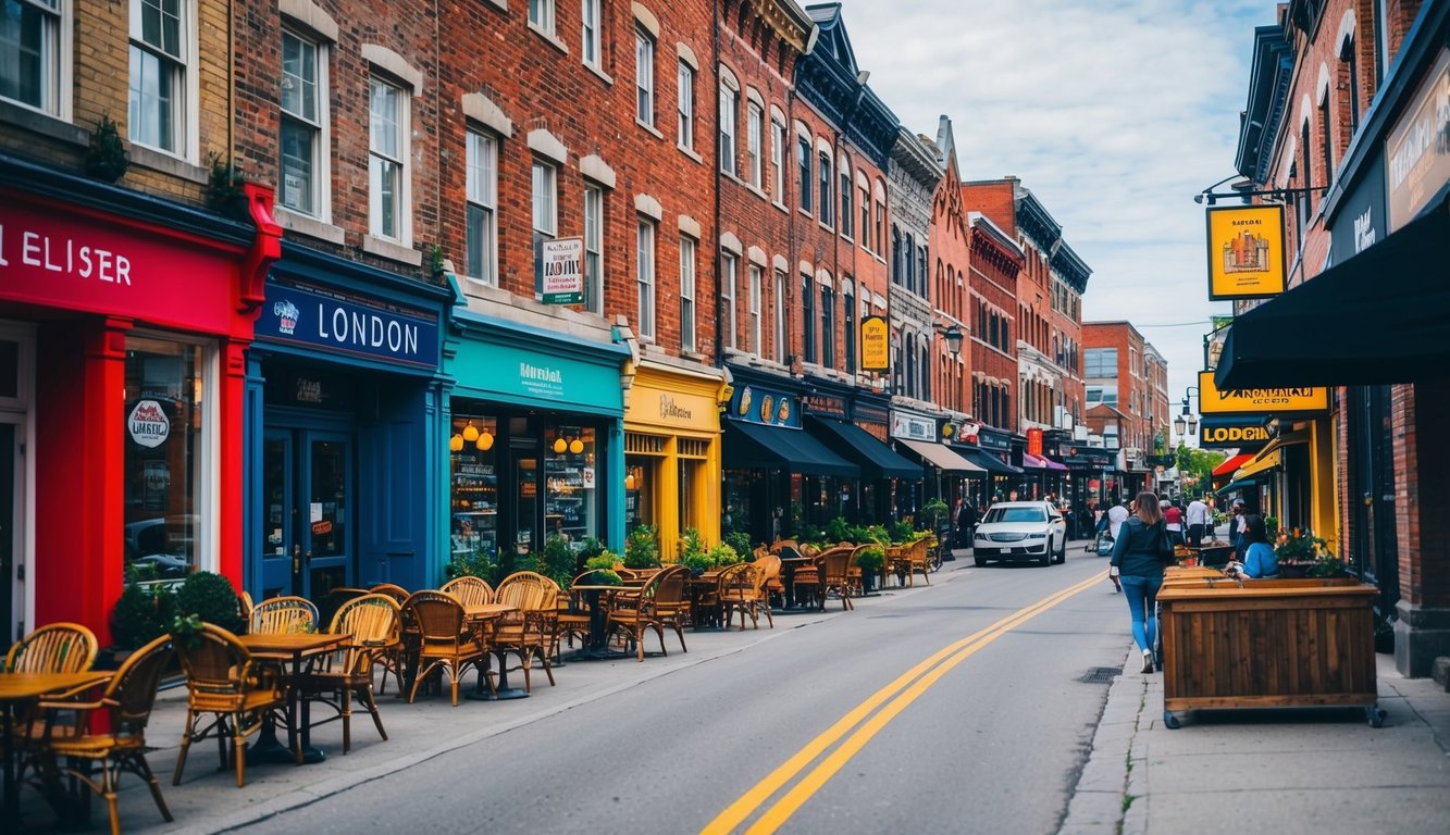 A bustling street lined with historic buildings, colorful storefronts, and vibrant outdoor cafes in London, Ontario
