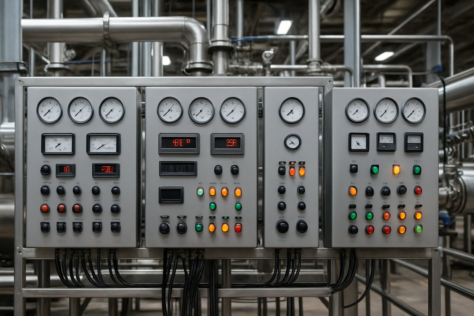 Industrial control panels with gauges, switches, and indicators inside a factory setting.