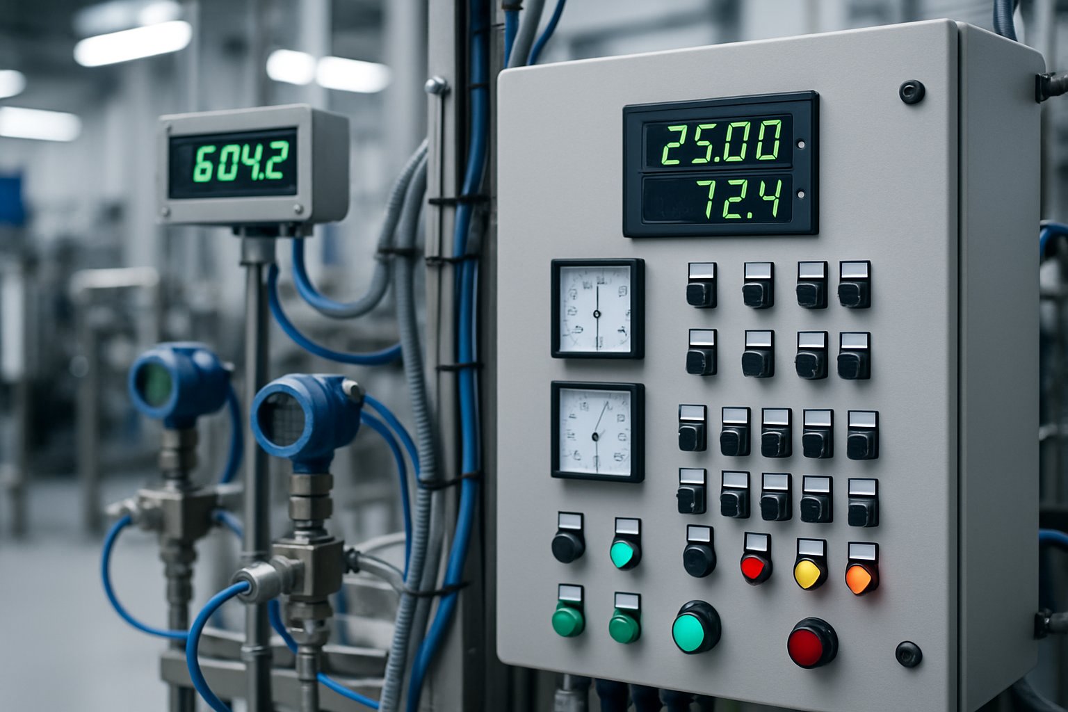 Close-up of an industrial control panel with digital displays, gauges, switches, and organized wiring in a factory setting.