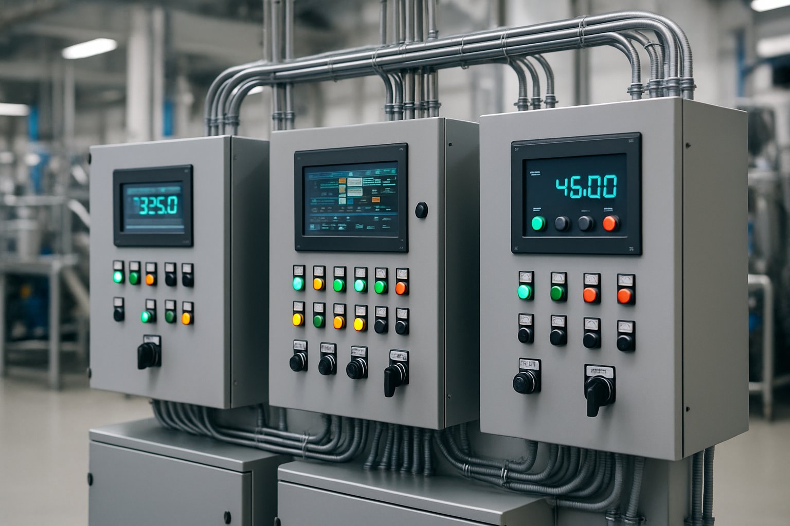Industrial control panels with digital displays, buttons, and organized wiring inside a factory setting.