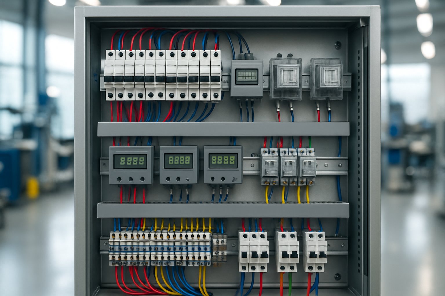 Close-up of a neatly organized industrial control panel with wiring and digital displays inside a metallic enclosure in a bright industrial setting.