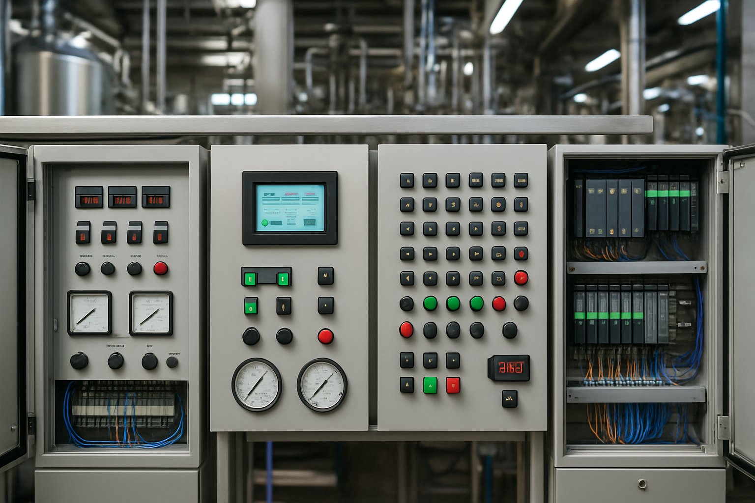 Various industrial control panels with digital and analog instruments installed in an industrial setting with machinery and piping in the background.