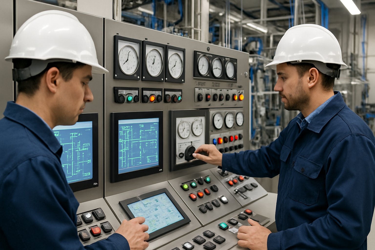 Engineers working at digital control panels in a modern industrial control room with advanced machinery in the background.